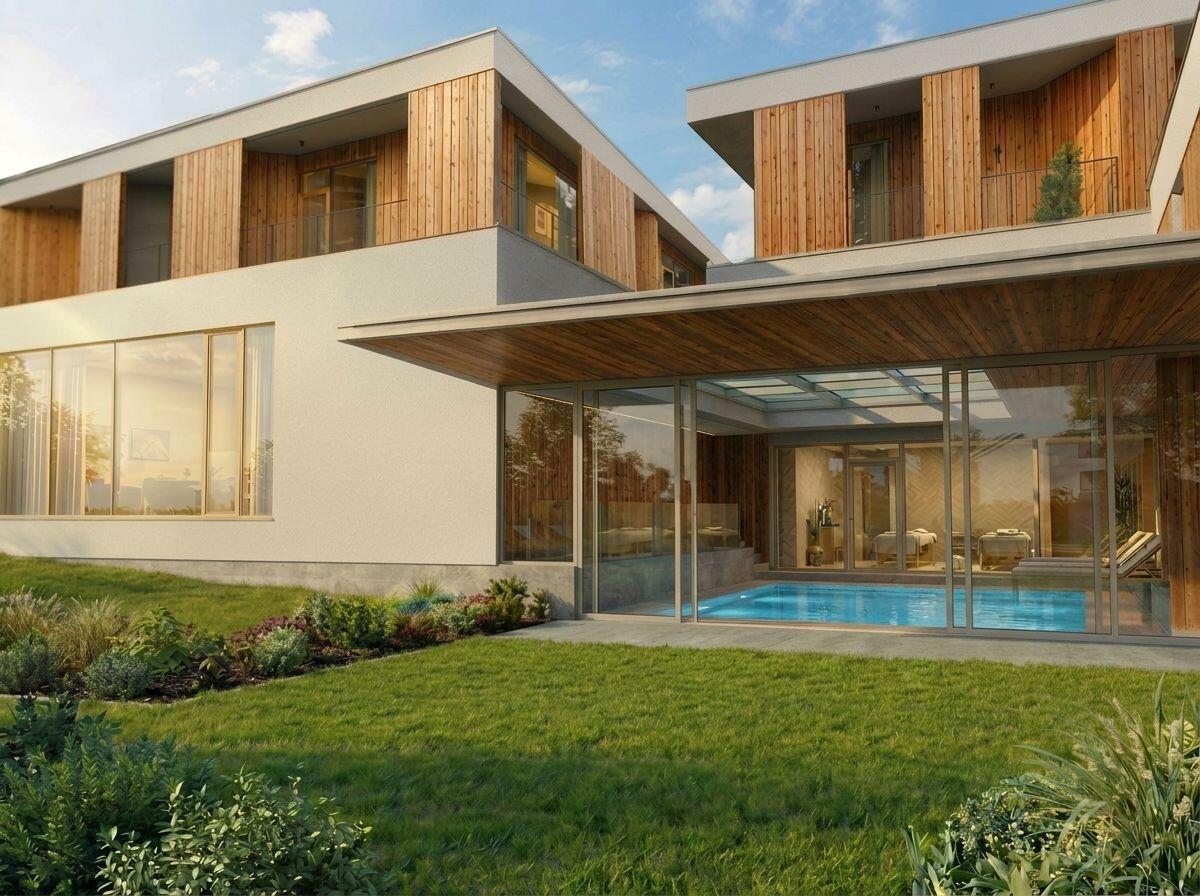 Vizualizace vnitrobloku Domova naděje: prosklené atrium, bazén a zahrada